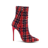 Fashionable plaid gingham pointed toe head slender heel stilettos heels 12cm women's boots large size ankle boots sexy