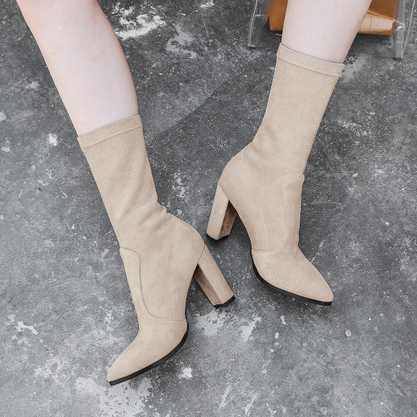 European station fashion pure color women's shoes hot style pointed thick heel women's middle boots