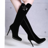 Korean version of high heel thin leg women's shoes pointed thin with metal buttons and knee boots