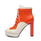 elegant leisure women's shoes genuine leather chunky heels platform orange ankle boots matin booties fashion