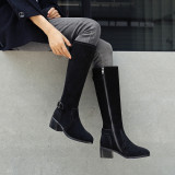 European fashion hot style women's leather shoes simple pointed square root and knee belt metal buckle boots