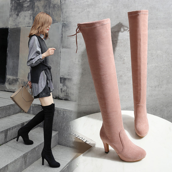 Autumn/winter 2018 genuine leather lady hot style pure color black pointed thick with temperamental girl and knee show thin boots