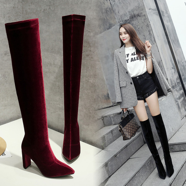 Women's autumn/winter 2018 Korean chorizo hot style looks thin, stylish, simple, pointed, thick heels and knee boots