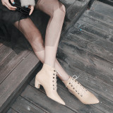 Autumn/winter 2018 women's shoes pure color simple European women's shoes pointy thick heel lacing women's short boots