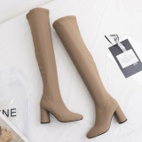 2018 autumn and winter fashion women's shoes pure color simple show thin flat head thick heel height increase knee female boots