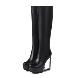 genuine leather shoes transparent crystal heels fashion knee high boots women's shoes white round head wedges heel hot style boots