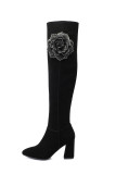 fashion women's shoes style ladylike black sude chunky heels flowers decoration over the knee boots large size