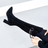 Fashion 2018 winter leather hot style women's shoes with thick tip and pure black simple temperament and knee boots