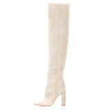 European and American fashion hot style women's shoes pleated shoes cream white shoes chunky heels natural suede over the knee high boots