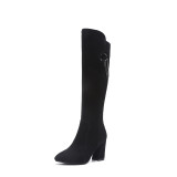 Fashion 2018 winter leather hot style women's shoes with thick tip and pure black simple temperament and knee boots