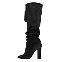 2018 winter autumn fashion women's shoes chunky heels knee high pleated hot style women's boots large size knee high brown fringe booties