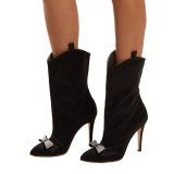 Hot style women's shoes Europe international station temperamental pointy-headed slender heel bowknot big women's half boots