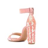 Summer 2018 princess style  fresh shoes  chunky heels buckle pink style  elegant high heel sequined peep toe  large size open sandals for women
