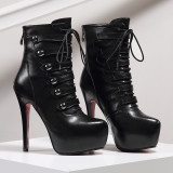 women's shoes fashion genuine leather high-heeled lace-up black women's Genuine leather boots Martin boots