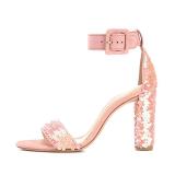 Summer 2018 princess style  fresh shoes  chunky heels buckle pink style  elegant high heel sequined peep toe  large size open sandals for women