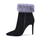 2018 stylish women's shoes simple pure color pointed slender high-heeled woollen edge women's short boots