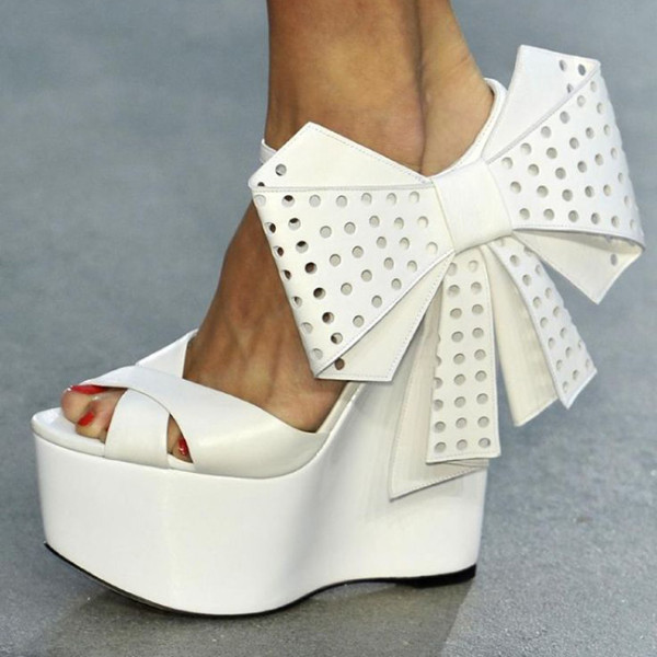 Summer 2018 fashion women's shoes with white bow with thick bottom sandals bowknot butterfly knot large size platform wedges elegant