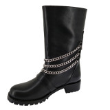 2019 winter fashion women's shoes round head boots with metal chain leather consice personality black bucket shoes