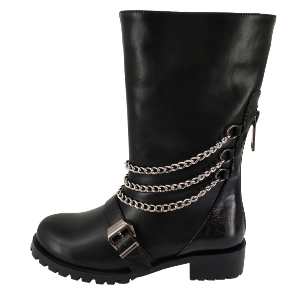 2019 winter fashion women's shoes round head boots with metal chain leather consice personality black bucket shoes