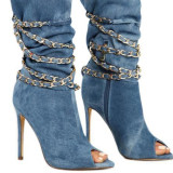 Fashion hot style women's shoes 2019 stilettos heels zipper elegant peep toe ladies boots consice metal chains half boots sky blue denim jeans boots