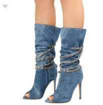 Fashion hot style women's shoes 2019 stilettos heels zipper elegant peep toe ladies boots consice metal chains half boots sky blue denim jeans boots