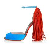 Fashion summer women's shoes in Europe and America in 2019  sexy peep toe narrow band fringed elegant blue  big size green orange sandals buckle high heels