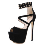 Fashion women's shoes for the summer of 2019 sandals buckle stilettos heels leather narrow band consice peep toe black party shoes elegant platform