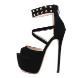 Fashion women's shoes for the summer of 2019 sandals buckle stilettos heels leather narrow band consice peep toe black party shoes elegant platform