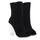 Fashion women's boots for spring 2019 sexy chunky heels elegant peep toe  half boots black suede consice