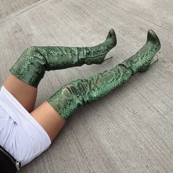 2019 over the knee boots fashion stilettos high heels green snakeskin large size sexy zipper booties women's shoes