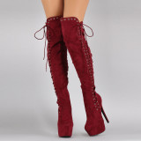 Fashion women's shoes in winter 2019 stilettos heels sexy cross lacing platform women's boots novelty red suede over the knee high boots