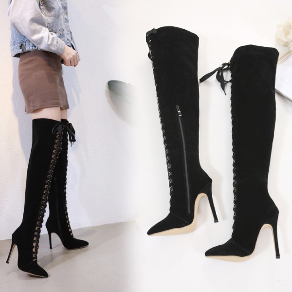 Winter 2019 fashion hot style women's shoes lace up cross tied stilettos heels fashion pointed toe black over the knee boots women's boots
