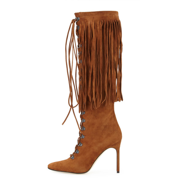 Fashion women's shoes in winter 2019 stilettos heels pointed toe women's boots knee high boots retro fringed brown cross lacing