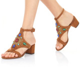 Summer 2019 fashion trend women's shoes sandals buckle sexy chunky heels elegant brown retro suede narrow band