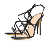 Summer elegant fashion women's shoes narrow band buckle strap rose red rivets sandals stilettos heels sexy party shoes