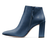 Fashion women's shoes in winter 2019 zipper chunky heels pointed toe short boots blue black big size concise beige