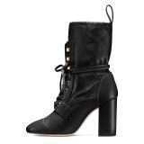 Fashion concise women's shoes in winter 2019 cross lacing black leather chunky heels pointed toe big size women's boots short boots