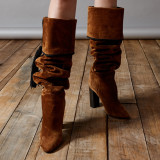 Fashion brown women's shoes in winter 2019 pointed toe chunky heels fringed brown elegant big size ethnic women's boots knee high boots