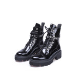 Fashion black leather women's shoes winter 2019 cross lacing up casual round toe women's shiny chains boots matin boots comfortable