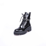 Fashion black leather women's shoes winter 2019 cross lacing up casual round toe women's shiny chains boots matin boots comfortable