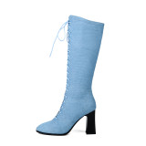 Fashion denim shoes 2019 cross lacing up comfortable jeans blue chunky heels elegant women's knee high boots size 40 pointed toe