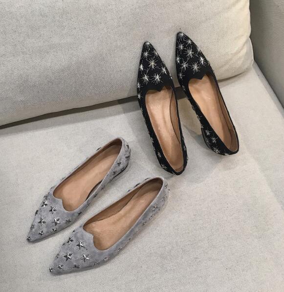 2019 fashion trend women's shoes slip-on elegant pointed toe pure color metal star grey mature office lady flats