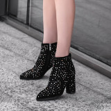 Fashion women's shoes in winter 2019 pointed toe chunky heels  big size  women's boots black short boots zipper crystal rhinestone