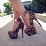 leopard pumps high heels stilettos round toe ankle strap platform ankle strap party shoes night club ladies shoes