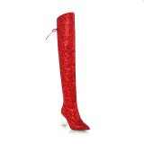 Fashion party shoes  women's shoes in winter 2019 gold silver and red lace up zipper chunky heels elegant pointed toe women's boots over the knee high boots