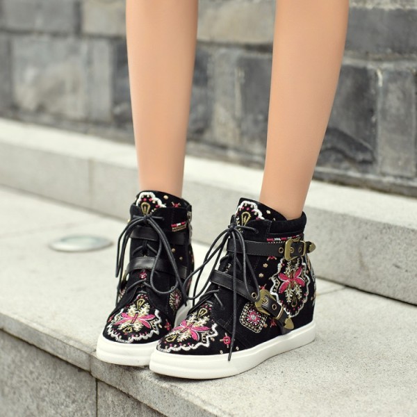 Spring and autumn leisure 2019 fashion women's shoes round toe cross lacing concise zipper retro mature increase  ethnic