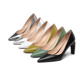Summer office lady  white mustard  yellow green gun color silver  2019 fashion  trend women's shoes pointed toe chunky heels pumps  sexy elegant  concise mature office lady