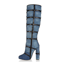 Fashion gladiator women's shoes in winter 2019 pointed toe chunky heels knee high boots blue denim jeans ladies boots mature big size shoes