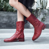 Spring and autumn ladies boots concise mature 2019 zipper fashion burgundy women's shoes pointed toe short flat genuine leather boots