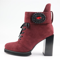 Fashion burgundy zipper women's shoes in winter 2019 round toe chunky heels cross lacing sexy elegant ladies boots concise mature